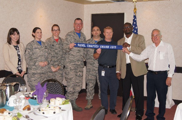 (r-l) Larry Bingaman, southwest regional vice president; Michael Shivers, chapter president; Jason Carlson, chapter vice president, membership; Jefferey Cooper, chapter vice president, academic affairs; James Clark, chapter executive vice president; Wendee Roberson, chapter vice president, enlisted affairs; Beth Chambless, chapter vice president, treasurer; and Allie Schneider, chapter vice president, secretary.