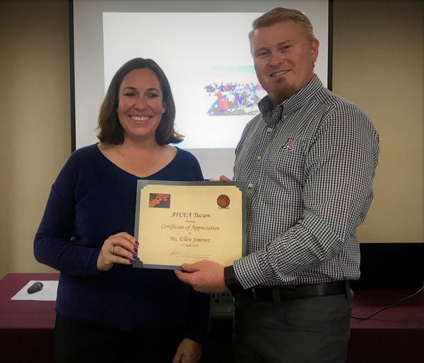 Guest speaker Ellen Jimenez, chairman, Military Affairs Committee, receives a certificate of appreciation for her presentation at the April Professional Development Luncheon, from Chapter President Maj. Jason Carlson, USAF (Ret.).