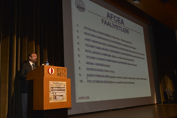 Capt. Selcuk makes a presentation about AFCEA in the opening session of the second Land Systems Seminar and Exposition in November.