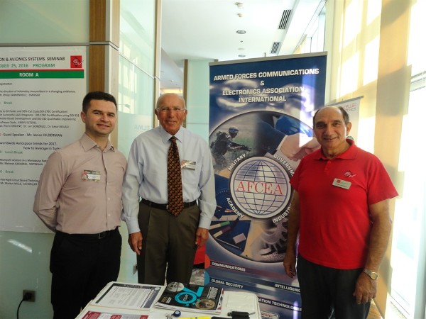 Capt. Murat Dogen, TUAF, chapter Young AFCEAN representative (l); Col. I.Bora Buyukoner, TUA (Ret.), chapter president (c); and Serdar Erkoca, CEO, Electronics Valley, staff the chapter's booth at the October event.