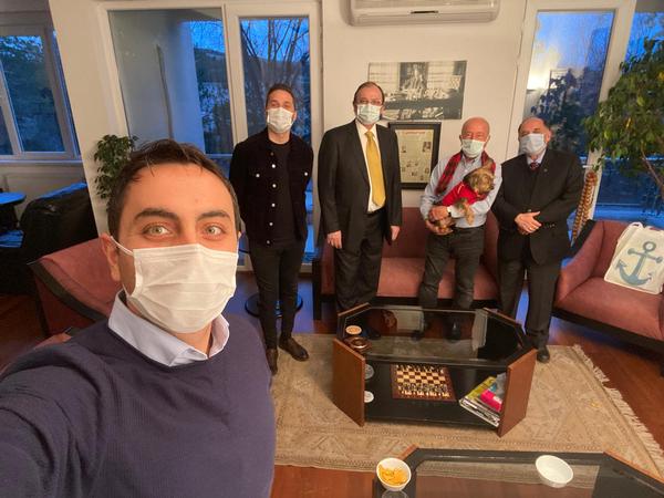 In January, Seyfettin Sunger, chapter vice president of members (l); Bizimtuna; Capt. Selcuk; Onyuru; and Capt. Betoner, gather and discuss corporate member TARGET AS. 