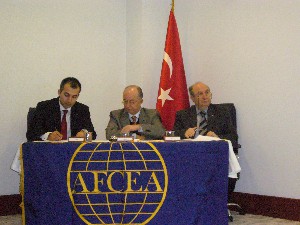 Members of the chapter council presiding over the January meeting are (l-r) Yasar M. Ercan, Col. Erdogan Ezbiderli, TUA (Ret.), and Lt. Col. Yucel Kuru, TUA (Ret.).