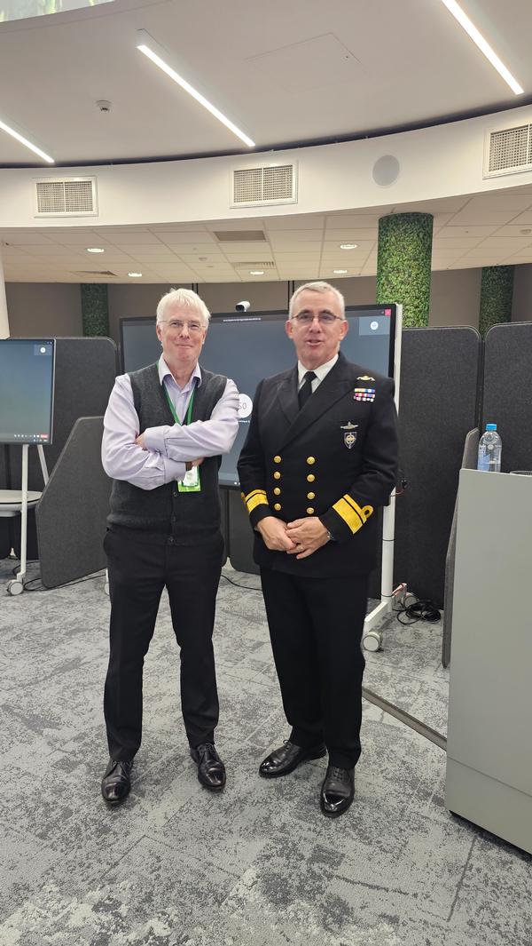 Adm. Nick Wheeler, NATO, and Phil Williams, chapter president, pose for a photo at Abbey Wood in the autumn of 2024.