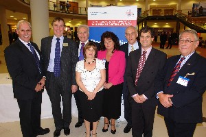 The organizing team for April's TECHWEST gathers before the event, including (l-r) Colin Nash, Malcolm Sinton, Rod Fouracres, Kim Kirby, Linda Hobson, Nick Edwards, John  Gray and Col. John Doody, British Army (Ret.).
