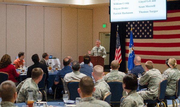 Chief Master Sgt. Patrick F. McMahon, USAF, 14th Air Force command chief, addresses the chapter during the September luncheon.