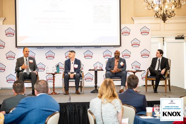 Panelists pictured (l-r) are Nicholaus Saacks, deputy to the commanding general, U.S. Army; Brian Leyda, vice procurement service executive with DISA; David White, program manager, Joint Enterprise License Agreements, DISA; and moderator, Mark Pomerleau, senior reporter, Networks and Information Warfare with Breaking Defense. The panelists discussed the pace of procurement at the chapter's June luncheon.