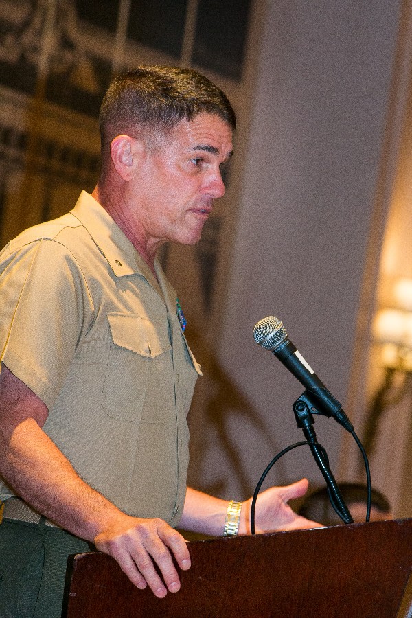 Brig. Gen. Kevin Nally, USMC, director of Command, Control, Communications and Computers, and chief information officer, speaks at the chapter's May luncheon. Gen. Nally retires in July.