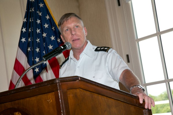 Lt. Gen. Mark Bowman, USA, director, command, control, communications and computers/cyber, J-6, Joint Chiefs of Staff, speaks at the chapter's June luncheon.