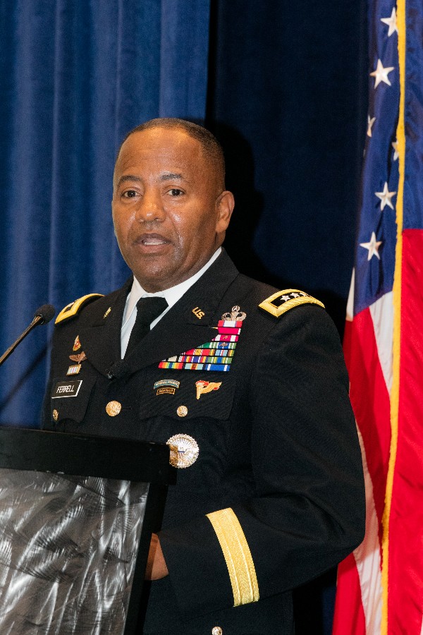 Lt. Gen. Robert Ferrell, USA, chief information officer, participates in a discussion about long-term Army information technology strategy at a September chapter breakfast program.