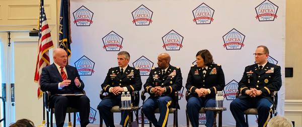 At February's U.S. Army luncheon, Government Matters' host Francis Rose (far l) moderates the panel. Panelists (l-r) Col. Wade Johnston, USA, division chief, Network and Space Integration, chief information officer/G-6; Col. (P) Jeth Rey, USA, director of operations, G-3, U.S. Army Cyber Command; Col. Nora Marcos, USA, chief of staff, Network Cross-Functional Team; Col. Carl Young, USA, chief, Architecture and Data Division, chief information officer/G-6 discuss their perspectives on the connection between culture and technology.