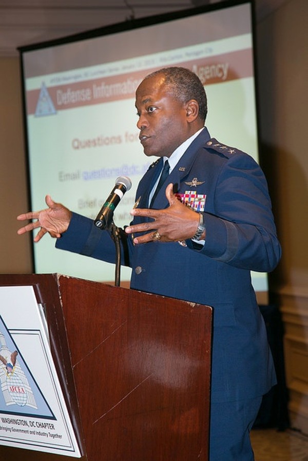 Gen. Hawkins spoke to a sold-out crowd about DISA's reorganization and priorities in 2015 at the January luncheon.