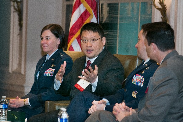Gen. Zabel moderates a panel at the March luncheon, including (l-r): Peter Kim, deputy director, Cyberspace Operations, U.S. Air Force; Maj. Joel Silk, USAF, chief, future cyber ISR capabilities, U.S. Air Force; and Jeff H. Stanley, associate deputy assistant secretary of the Air Force for science, technology and engineering.