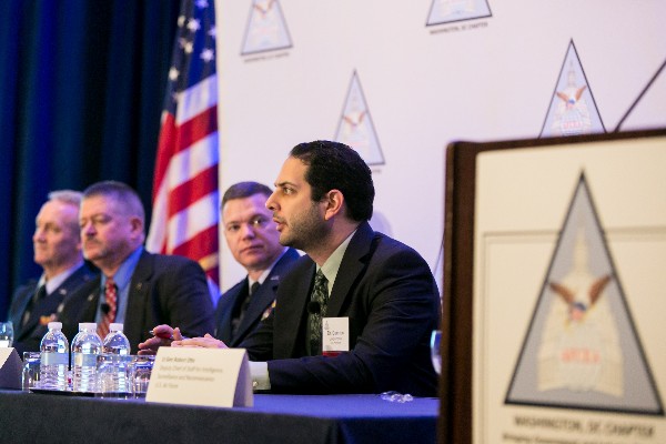 (l-r) Panelists Kimminau, Brig. Gen. Rauch and Dr. Gorguinpour discuss the Air Force's future analytical enterprise in January.
