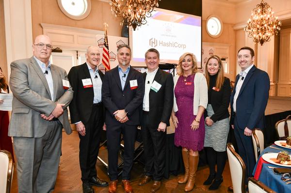 (l-r) Greenwell, Argo, Marshall and Martin pose for a photo with Theresa Pines, chapter senior vice president; Shaleen Braley, chapter vice president of programs; and Barnhurst at the January Luncheon.