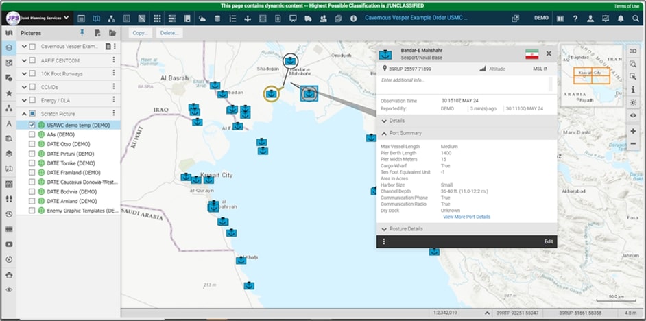 JPS provides planners with ready access to nautical and aeronautical data such as seaport details, airfield conditions and runway length, all displayed on the map.