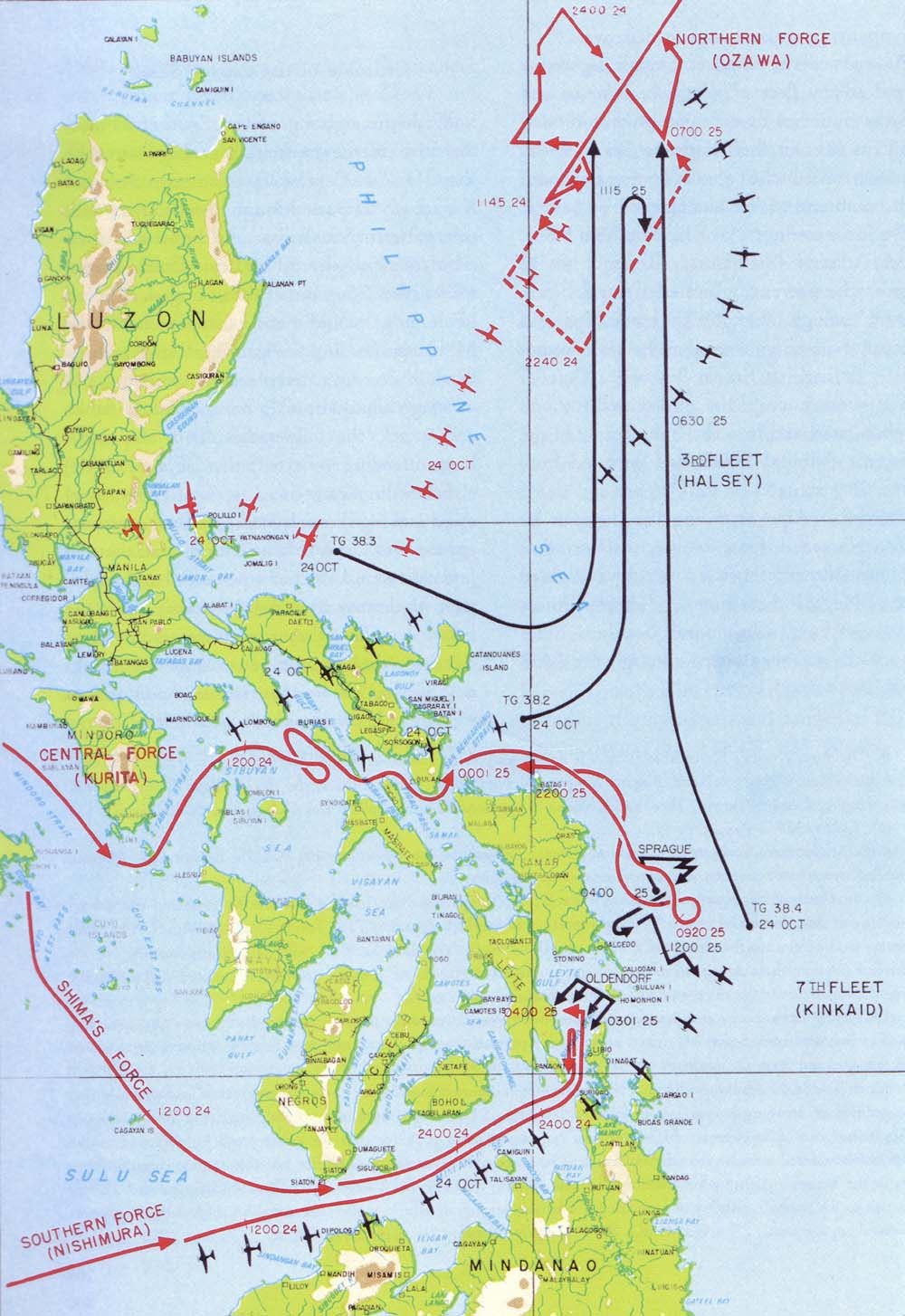 Map of the Battle of Leyte Gulf (1944), the largest naval battle in history, showing the Allied naval forces’ maneuvers. Naval planners relied extensively on charts to coordinate multifleet operations.
