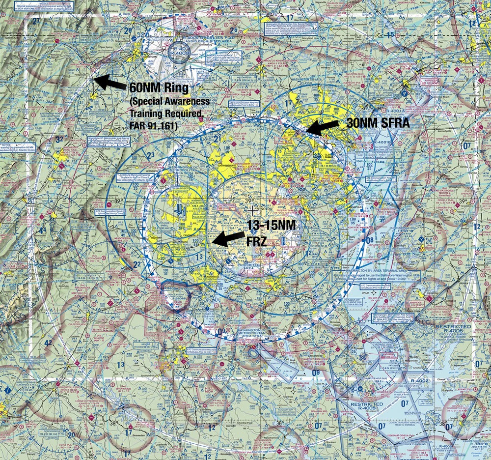 Airspace diagram showing the Special Flight Rules Area (SFRA) and the Flight-Restricted Zone (FRZ) around Washington, D.C., highlighting the importance of controlled airspace for national security. This map represents critical air corridors used by civilian and military aircraft, with strict procedures for accessing these zones, much like how cyberspace traffic must be carefully managed and controlled.