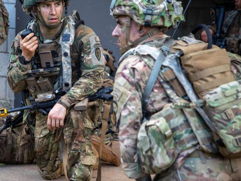 Soldiers assigned to 2nd Battalion, 35th Infantry Regiment, 3rd Infantry Brigade Combat Team, 25th Infantry Division assault their final objective while conducting offensive operations during Exercise Bronco Rumble at Kahuku Training Area, Hawaii, in August 2021. Waveforms are the critical link in all operational exercises. U.S. Army photo by Staff Sgt. Alan Brutus