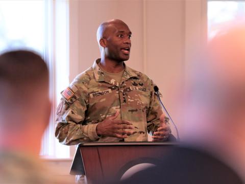 Lt. Gen. Xavier Brunson, USA, commanding general of I Corps, delivers commentary at the 2022 Civilian Hall of Fame ceremony at Joint Base Lewis-McChord. Credit: Spc. Richard Carlisi, I Corps Public Affairs
