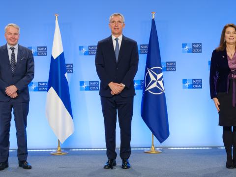 NATO Secretary General Jens Stoltenberg with the Minister for Foreign Affairs of Finland, Pekka Haavisto and the Minister for Foreign Affairs of Sweden, Ann Linde. Photo Credit: NATO