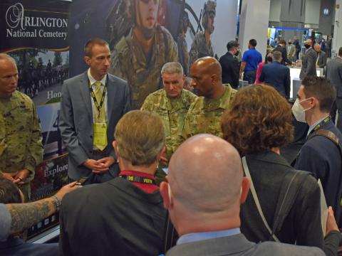 Brig. Gen. Jeth Rey, Army Network Cross-Functional Team director, speaks with reporters following a 2021 Unified Network Warriors Corner event at the Washington, D.C. Convention Center during the Association of the United States Army annual meeting. Credit: Edward Loomis