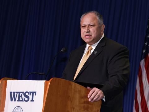 Secretary of the Navy Carlos Del Toro addresses the audience at WEST 2023 in San Diego. Credit: Michael Carpenter