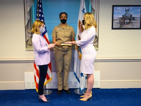 Deputy Secretary of Defense Kathleen H. Hicks swears in Meredith Berger as the assistant secretary of the Navy at the Pentagon, Washington, D.C., August 2021. DoD photo by U.S. Air Force Staff Sgt. Jack Sanders