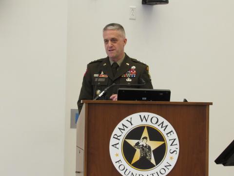  Lt. Gen. Douglas Stitt, deputy chief of staff, G1, speaks during a ceremony honoring 2023 Hall of Fame inductees of the U.S. Army Women's Foundation.