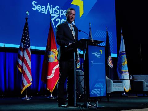 Undersecretary of the Navy Erik Raven speaks at the Sea, Air and Space conference. Photo: AFCEA