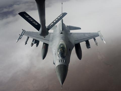 A U.S. Air Force F-16 Fighting Falcon aircraft, assigned to the 179th Expeditionary Fighter Squadron, carries out aerial operations in the U.S. Air Forces Central area of responsibility, April 28, 2022. The 179th EFS delivers airpower and showcases U.S. commitment to deterrence and regional stability.  U.S. Air Force photo by Master Sgt. Matthew Plew