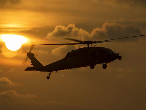 A Navy MH-60S Sea Hawk helicopter prepares to land aboard the USS Nimitz during routine operations in the South China Sea, April 17, 2023. Researchers at North Carolina State University have developed a computational model and heuristic to dramatically shorten the amount of time it takes to plan helicopter operations. Photo by Navy Petty Officer 1st Class Nathan Laird