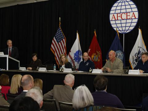 The panel “View From the Service Cyber Component Commands” speaks at AFCEA’s Technet Cyber 2023 on Tuesday.  Credit: Michael Carpenter