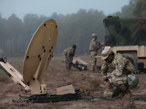 Soldiers from the 50th Expeditionary Signal Battalion-Enhanced, 35th Corps Signal Brigade, set up for an exercise at Fort Bragg in October 2022. Credit: U.S. Army Photo by Sgt. Maxine Baen