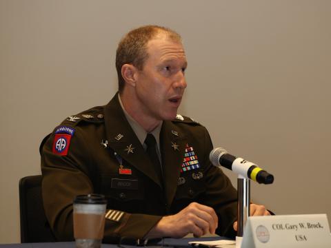 Col. Gary Brock, Army capabilities manager, electronic warfare, Cyber Capability Development and Integration Directorate, speaks during TechNet Augusta 2023.