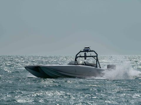 A Devil Ray unmanned surface vessel, sails in the Arabian Gulf as Task Force 59 integrates unmanned systems and artificial intelligence with maritime operations. Credit: Mass Communication Specialist 2nd Class Jacob Vernier, U.S. Navy.