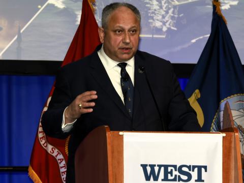 Carlos Del Toro, secretary of the Navy, addresses the audience at WEST 2024. Credit: Michael Carpenter/Jesse Karras  