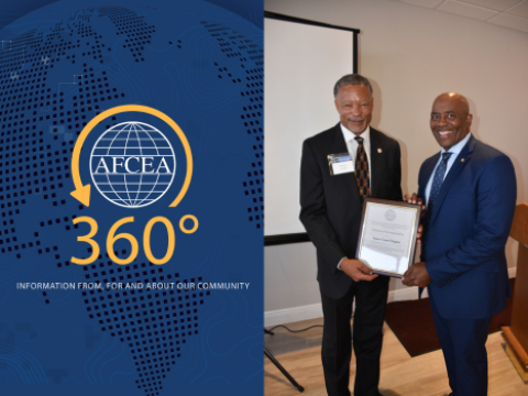 AFCEA Space Coast Chapter president Tony Brown celebrates the launch of the chapter with AFCEA International's Vice President for Defense Mike Black.