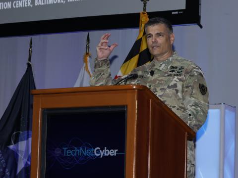 Lt. Gen. David Isaacson, USA, talks transformational leadership Thursday during a keynote at AFCEA's TechNet Cyber in Baltimore.