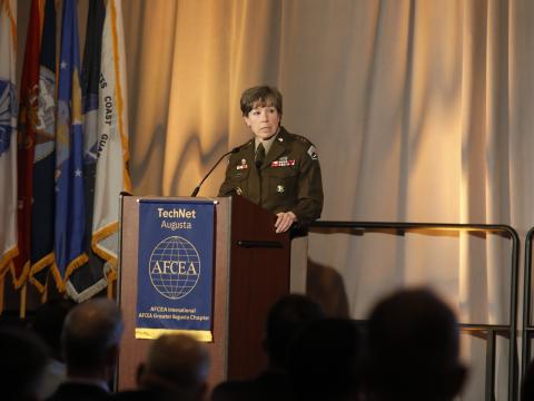 Lt. Gen. Maria Barrett addresses a full room at TechNet Augusta 2024. Credit: Michael Carpenter