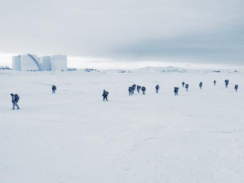 U.S. soldiers assigned to 1st Infantry Brigade Combat Team, 11th Airborne Division, move to their objective location outside of Utqiagvik, Alaska, as part of Joint Pacific Multinational Readiness Training Center 24-02 on February 15, 2024. While the U.S. military is gaining experience in the Arctic, Russia has been ever-present in the region, to its advantage, leaders warn. Credit: U.S. Army Photo by Pfc. Brandon Vasquez.