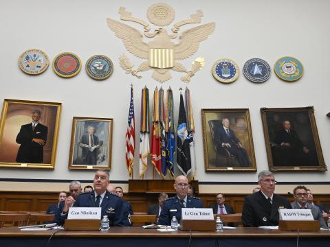 Gen. Mike Minihan (l), Lt. Gen. David Tabor (c) and Rear Adm. Derek Trinque (r) testify before the U.S. Senate Committee on Armed Services. Credit: Chad Trujillo, U.S. Air Force.