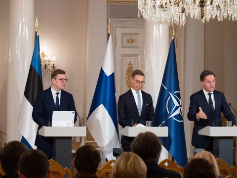 Prime Minister of Estonia Kristen Michal (l-r), President of Finland Alexander Stubb and NATO Secretary General Mark Rutte address the need for critical infrastructure security in the Baltic Sea during a joint press conference January 14, 2025.