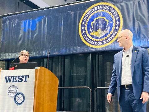 Jane Rathbun, Department of the Navy CIO, addresses zero trust integration at WEST 2025 in San Diego.