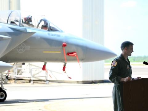  U.S. Air Force Lt. Col. Luke Marron, the new commander of the 23rd Electronic Warfare Squadron, which was reactivated on April 18, speaks at the reactivation ceremony that was held that day at Eglin Air Force Base, Florida, about the important mission of the squadron. Credit: U.S. Air Force photo by Capt. Benjamin Aronson