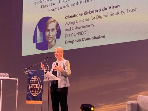 Christiane Kirketerp de Viron, acting director for Digital Society, Trust and Cybersecurity, DG CONNECT, European Commission, speaks at TechNet International 2025.