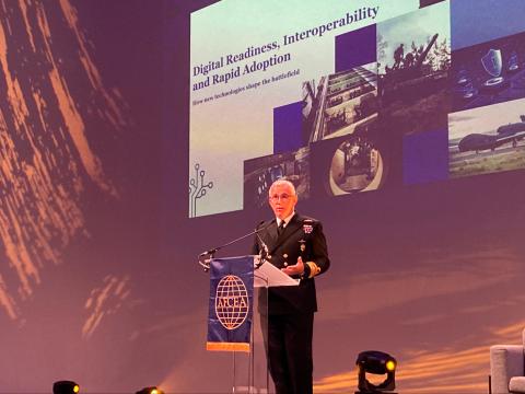 NATO Director of Digital Staff Nick Wheeler delivers the opening keynote at TechNet International in Brussels, Belgium.