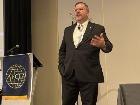 Winston Beauchamp, former director of security, Special Program Oversight and Information Protection and Competitive Activities in the Office of the Secretary of the Air Force, speaks July 16 at Tech Net Emergence 2025.