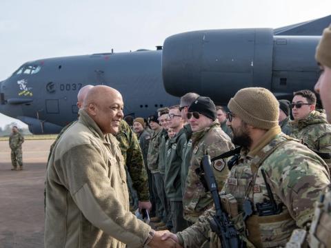 U.S. Air Force Gen. Anthony J. Cotton, U.S. Strategic Command (STRATCOM) commander, shakes hands with a member of the 69th Expeditionary Bomb Squadron during a tour on RAF Fairford, England, in February.  STRATCOM has a global mission that includes joint electromagnetic spectrum operations. The National Strategic Research Institute explores key areas to aid STRATCOM’s future needs. Credit: U.S. Air Force photo by Tech. Sgt. Jessica Avallone