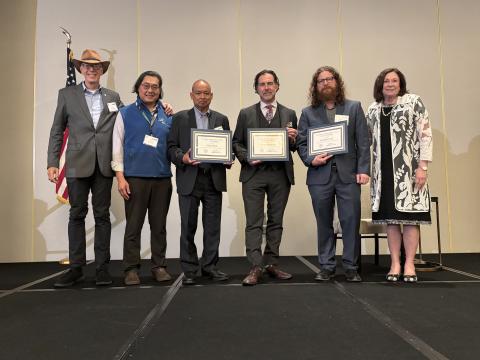 Three breakout companies are crowned winners of the venture capital pitch competition at AFCEA International’s TechNet Emergence 2025 conference on July 15, 2025. Pictured (l to r) are Al Mink, managing partner, Systems Spirit; S. Tien Wong, founder of Big Idea CONNECTpreneur; Saltenna CEO Dennis Defensor; Space Phoenix Co-founder and CEO Andrew Parlock; RapidFlight Managing Director Brandon Smith; AFCEA President and CEO Lt. Gen. Susan S. Lawrence, USA (Ret.).