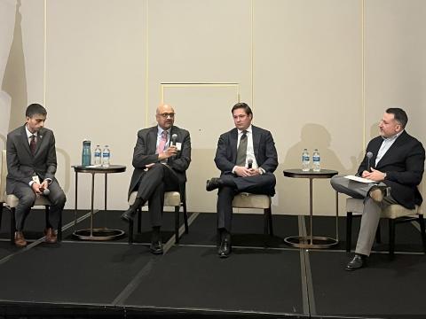 Panelists (l-r) Erwin Gianchandani, Sujai Shivakumar, John Beieler and moderator Charles Clancy conduct a fireside chat during the closing of the second day of TechNet Emergence 2025.